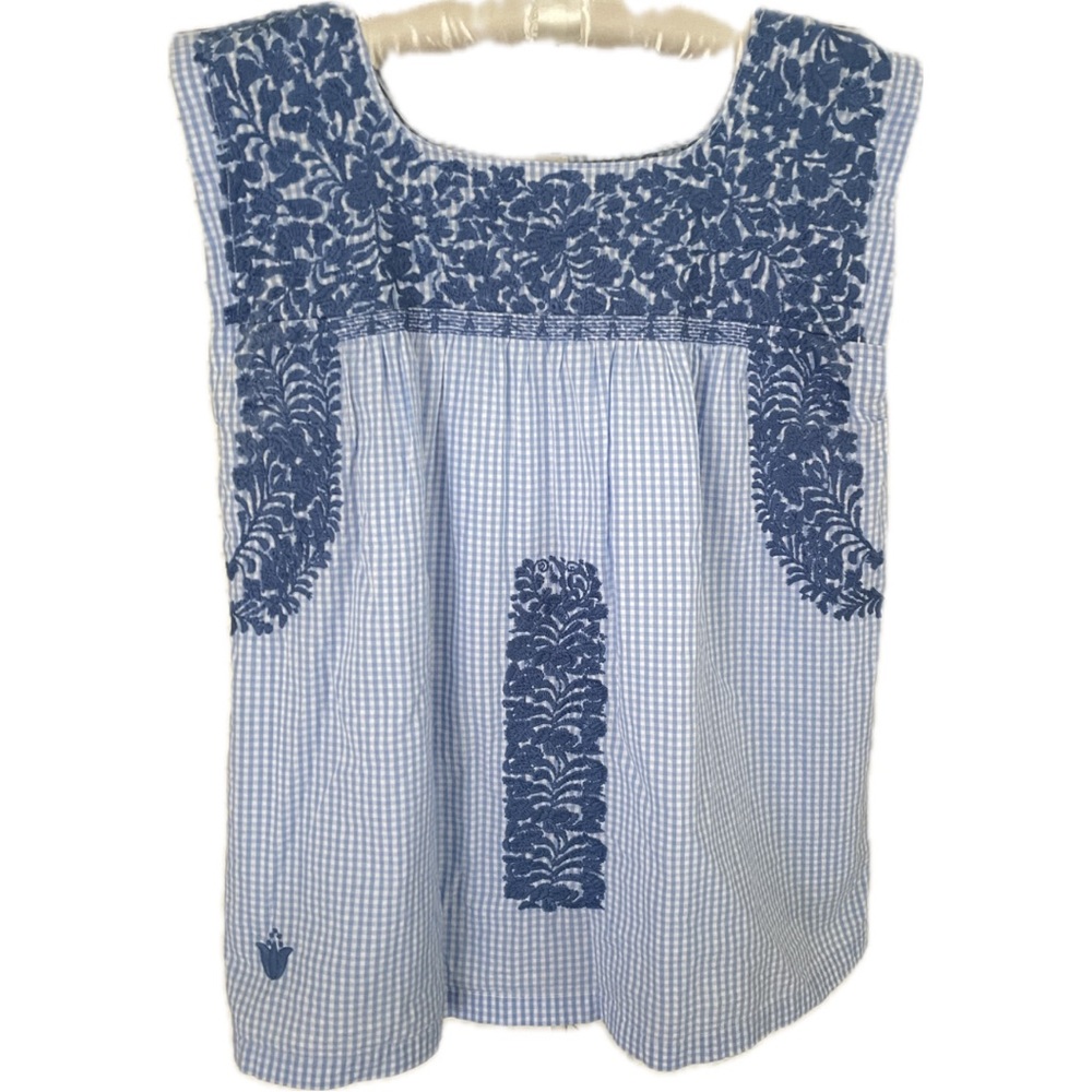 j. marie  Blue and White Gingham Embroidered Sleeveless Tunic, Size S